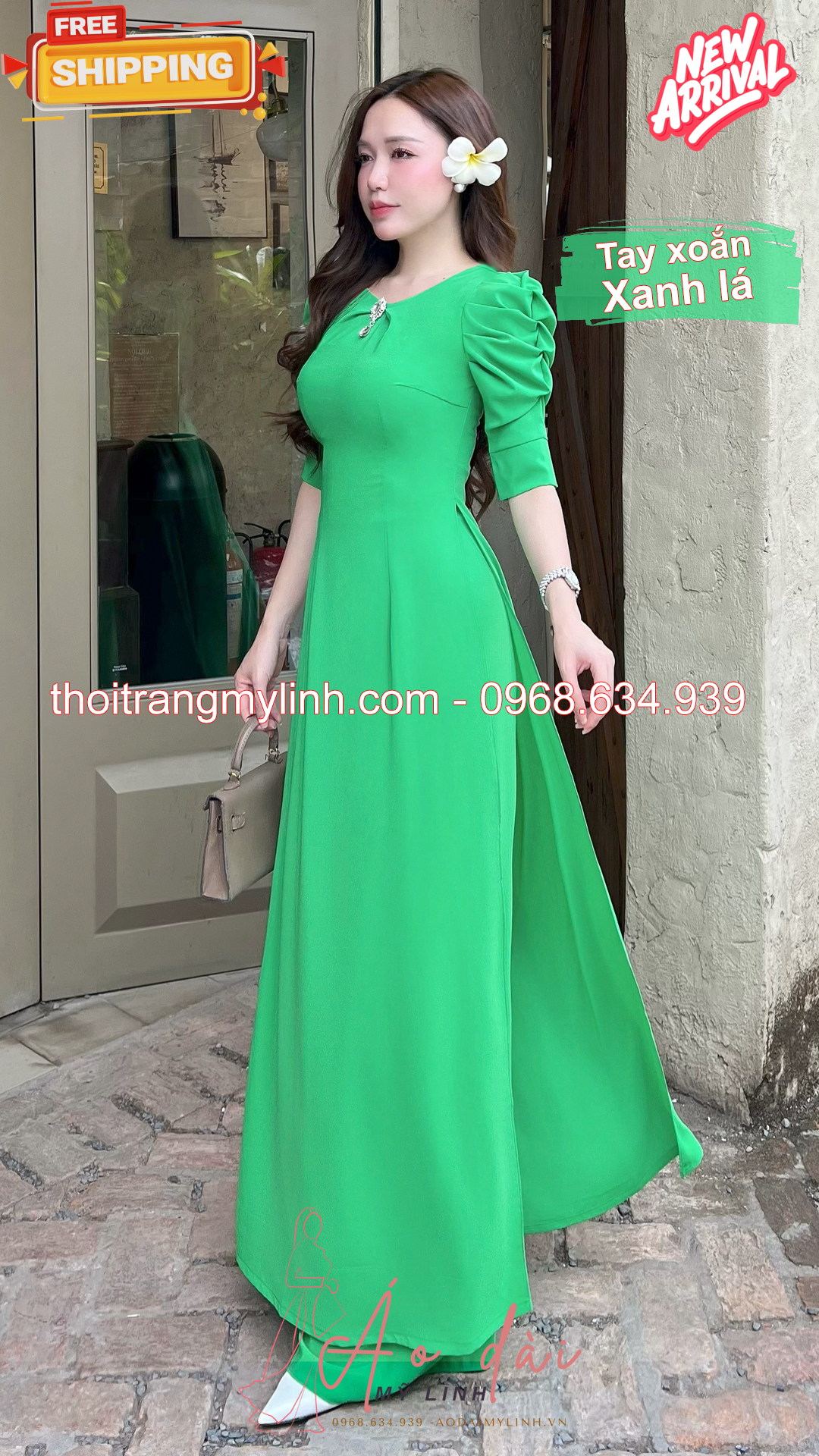 Bộ áo dài cổ tròn đính đã tay xoắn xanh lá